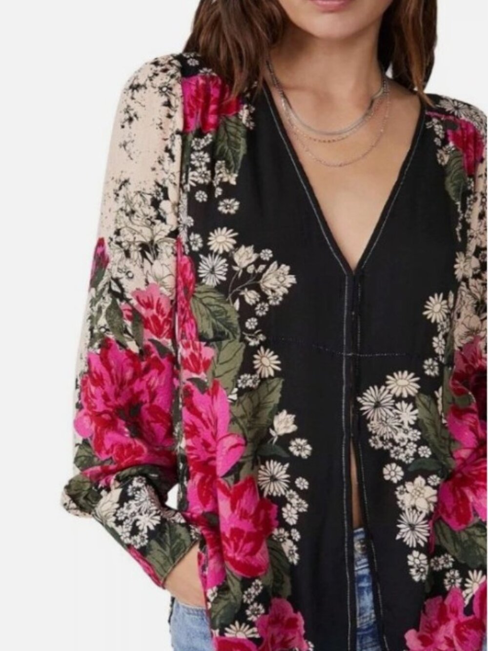 FREE PEOPLE Mikayla Floral Tunic in Black Pink Size S